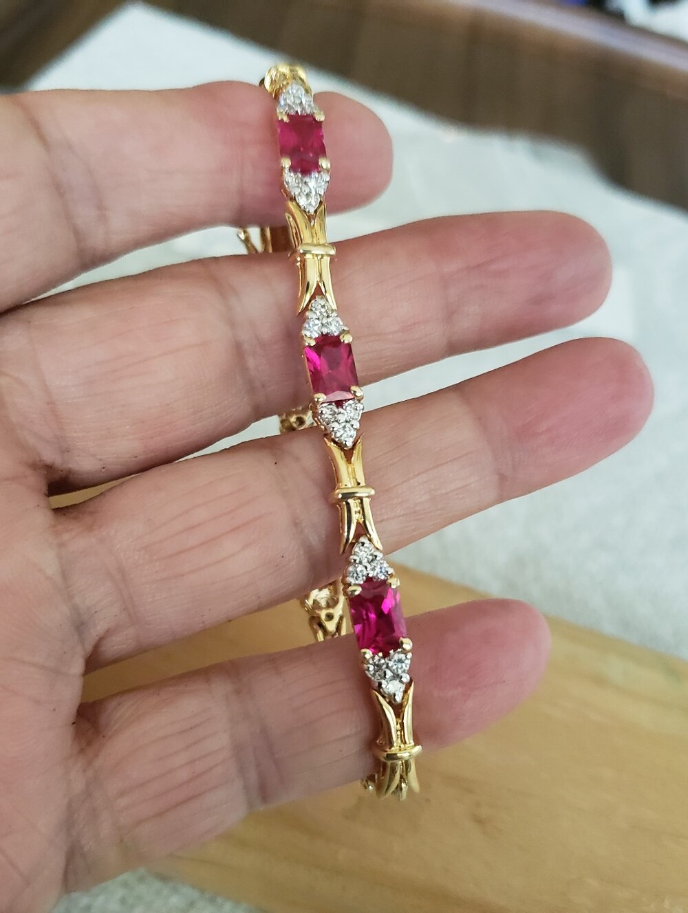 Gold w/ Ruby Red Stones Tennis w/ Crystals Heart Shape Art Deco Feminine Holiday